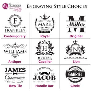 May include: A white graphic with nine engraving style choices for personalized gifts. The styles include "Contemporary", "Royal", "Original", "Antique", "Hunter Cavalier", "Lion", "Bow Tie", "Handle Bar", and "Circle".