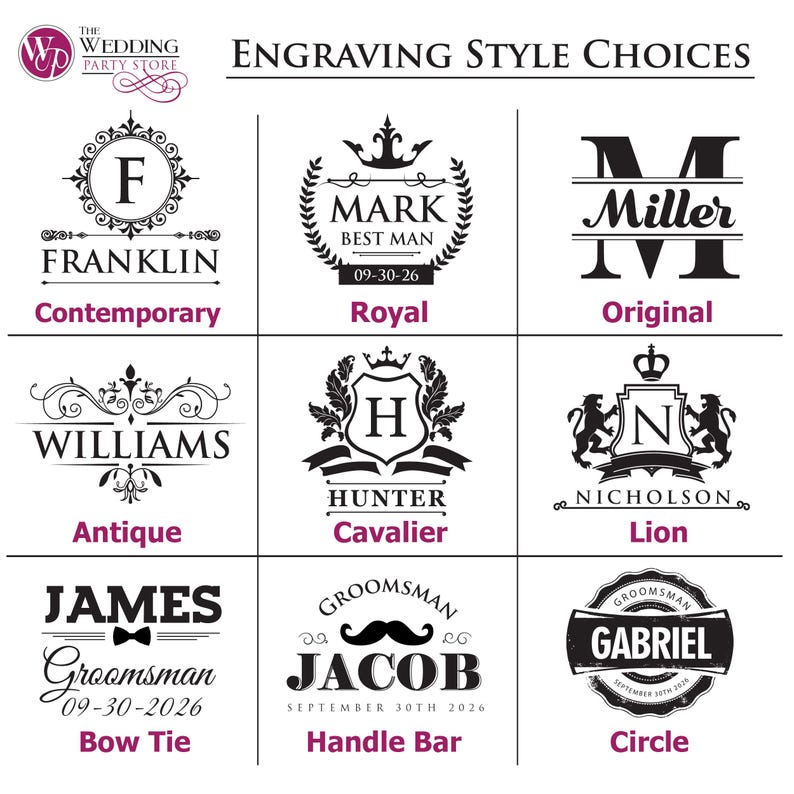 May include: A white graphic with nine engraving style choices for personalized gifts. The styles include "Contemporary", "Royal", "Original", "Antique", "Hunter Cavalier", "Lion", "Bow Tie", "Handle Bar", and "Circle".
