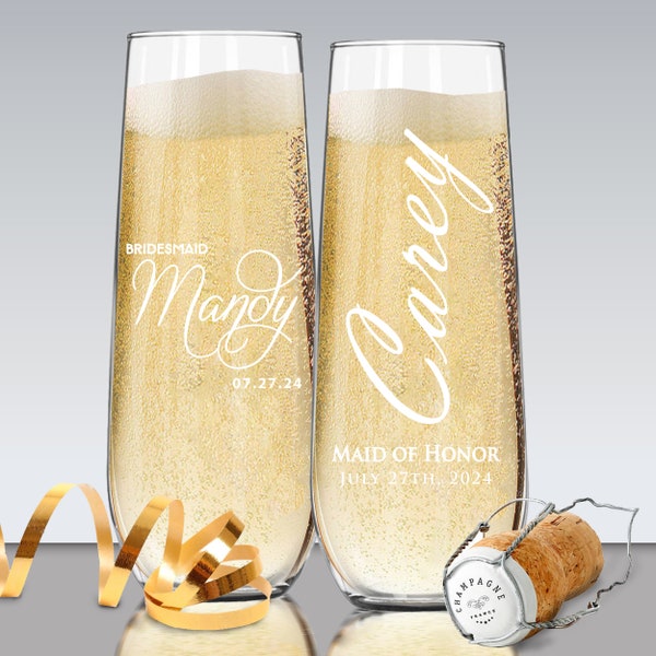 Stemless Champagne Flutes Etched - Custom Stemless Champagne Glasses - Personalized Stemless Flute - Bridal Party Champagne Glasses