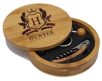 Personalized Wine Tool Set - Wine Bottle Opener Kit - Wine Tool Set - Wedding Gift - Unique Wedding Wine Gift - Round 4pc Wine Tool Set