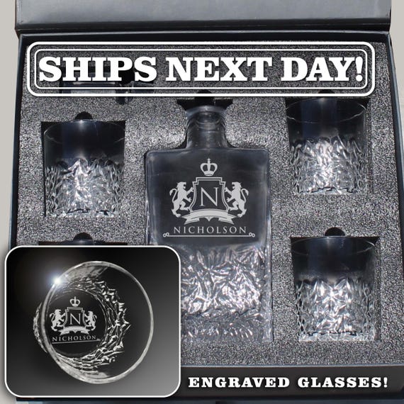 Engraved whiskey decanter + glasses set in a gift box — the kind of personalized barware that actually looks like it cost twice as much.