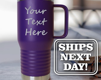 Personalized 20 oz Large Insulated Coffee Mug with Handle - Custom Engraved for Free with Any Text - Coffee Mug with Handle and Lid