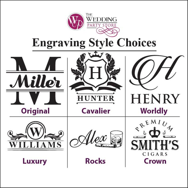 May include: A graphic display titled Engraving Style Choices from The Wedding Party Store. It features six distinct black text and icon designs labeled Original, Cavalier, Worldly, Luxury, Rocks, and Crown, showcasing various font and emblem options.