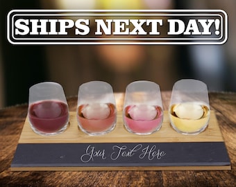 Wine Tasting Flight - Wine Flight Board Personalized - Wine Flight Paddle - Wine Flight Trays - Slate Bamboo Wine Tasting Flight and Glasses