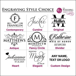 May include: A grid of engraving style choices for personalized items. Styles include "Contemporary," "Cursive," "Original," "Antique," "Fancy Circle," "Divider," "Heart," "Elegant," and "Custom Design." Each style features a sample name or text.