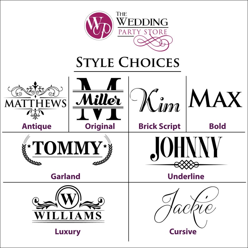 May include: Image showcasing style choices for personalized items. Features various text styles including "Matthews", "Miller", "Kim", "Max", "Tommy", "Johnny", "Williams", and "Jackie". Each style is labeled with a descriptive name like "Antique" or "Cursive".