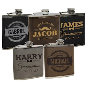 Engraved Leather Flask - Groomsmen Gift Flask - Personalized Flask for Men - Monogram Flask - Wedding Party Flasks - Leather Hip Flask