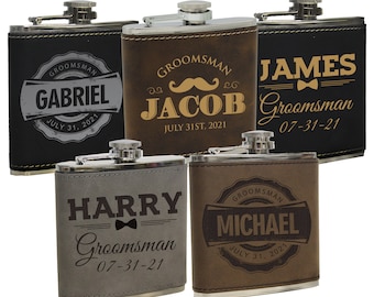 Engraved Leather Flask - Groomsmen Gift Flask - Personalized Flask for Men - Monogram Flask - Wedding Party Flasks - Leather Hip Flask