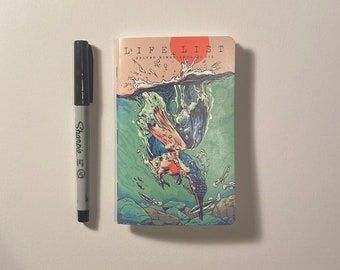 May include: A small, illustrated notebook with a red, white and blue design. The cover features a bird diving into water with the text "LIFE LIST" and "SALTED KINGFISHER GUIDE".