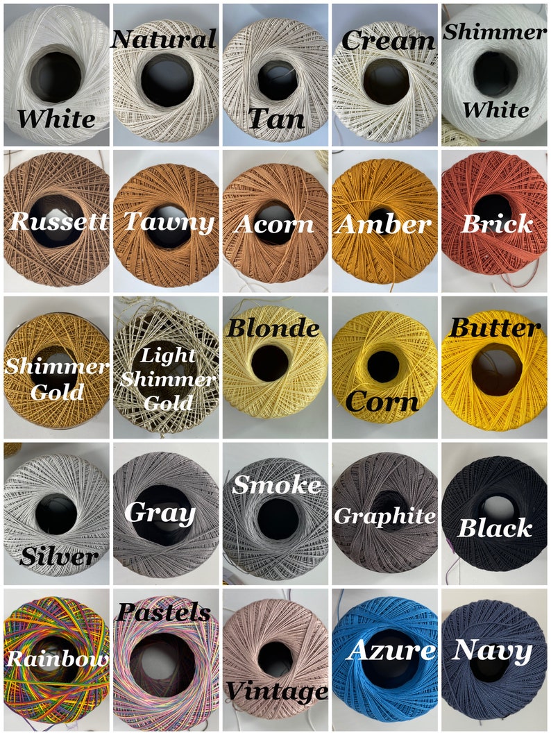 May include: A collection of 20 spools of thread in various colors, including white, tan, russet, tawny, acorn, amber, brick, shimmer gold, light shimmer gold, blonde, corn, butter, silver, gray, smoke, graphite, black, rainbow, pastels, vintage, azure, and navy.