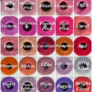 May include: A collection of 20 skeins of yarn in various shades of pink, red, orange, peach, purple, and grey. Each skein is labeled with a color name, such as "Baby Pink", "Summer Pink", "Blush", "Flamingo", "Taffy", "Fuchsia", "Magenta", "French Pink", "Hot Pink", "Coral", "Rose", "Peach", "Cardinal", "Pumpkin", "Red", "Orange", "Melon", "Lilac", "Lavender", "Grey Lilac", "Violet", "Purple Rainbow", "Plum", "Purple", and "Bright Coral".