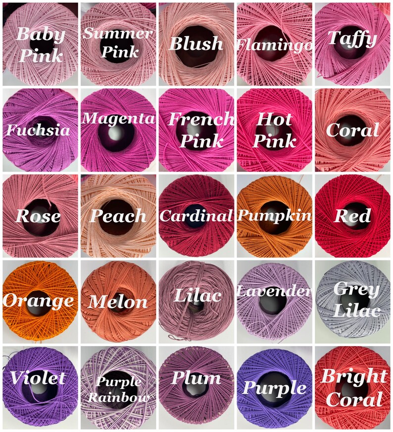 May include: A collection of 20 skeins of yarn in various shades of pink, red, orange, peach, purple, and grey. Each skein is labeled with a color name, such as "Baby Pink", "Summer Pink", "Blush", "Flamingo", "Taffy", "Fuchsia", "Magenta", "French Pink", "Hot Pink", "Coral", "Rose", "Peach", "Cardinal", "Pumpkin", "Red", "Orange", "Melon", "Lilac", "Lavender", "Grey Lilac", "Violet", "Purple Rainbow", "Plum", "Purple", and "Bright Coral".