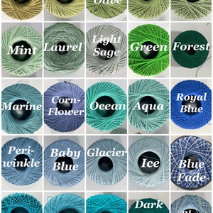 May include: A collection of 25 yarn skeins in various shades of green, blue, and teal. The skeins are arranged in a grid pattern with the names of each color printed on the front of each skein.
