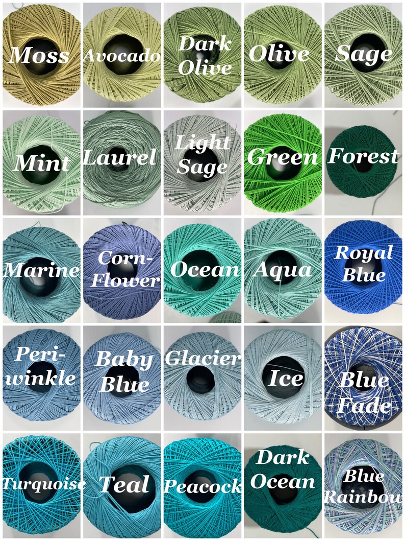 May include: A collection of 25 yarn skeins in various shades of green, blue, and teal. The skeins are arranged in a grid pattern with the names of each color printed on the front of each skein.
