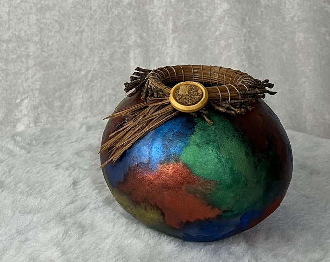 Faux Raku Gourd Bowl, With Pine Needle Rim. Soft Colors of Copper ...