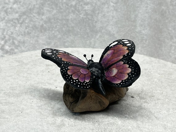 Mini Purple Monarch Butterfly cut from a gourd and mounted on Driftwood.  Butterfly Collectors  Remembrance Gift for loved ones.