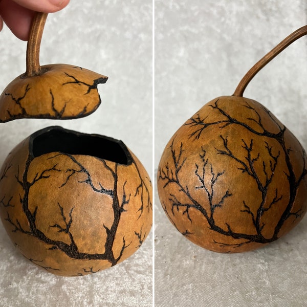 Faux Fractal Burning Technique on a small gourd "trinket box".  Hand carved and pyrography on my original design. Neutral colors.