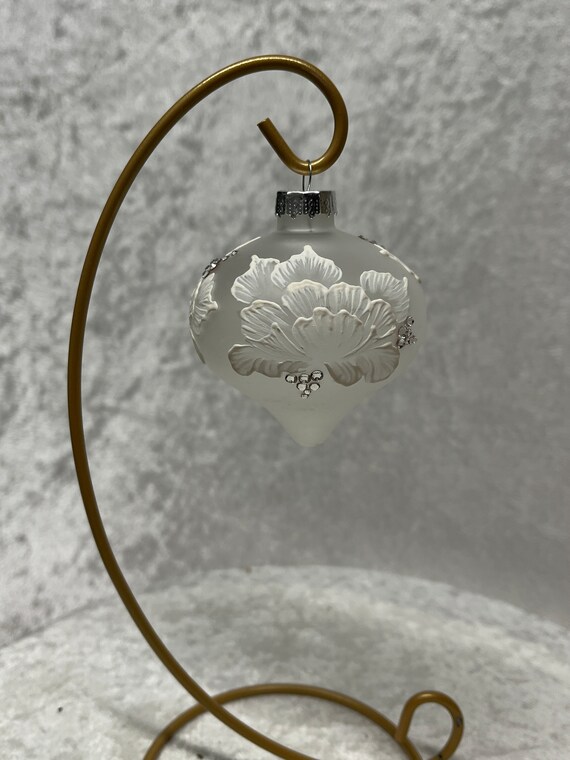 Frosted Tear Drop Glass ornament with Austrian crystals and hand painted wild rose using a texture medium