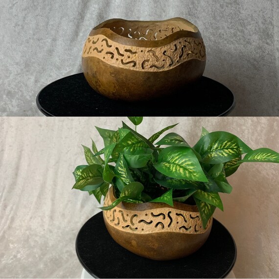 Filigree Bowl made out of a gourd.  Neutral colors for any decor.  Great for a housewarming gift. Plant in picture not included.