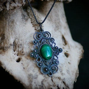 Silver filigree pendant with natural malachite, copper electroform, witch jewelry, gothic necklace, healing stone