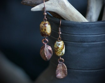 Electroformed Copper Earrings: Agate Beads, Tree Seed Amulet Jewelry