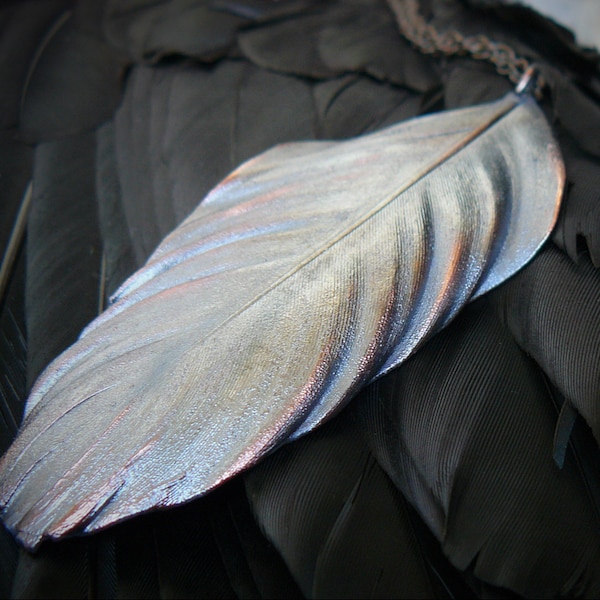 Electroformed crow feather_copper-plated_pagan pendant_natural raven feather covered with copper_totem amulet_witch jewelry_metal pendant