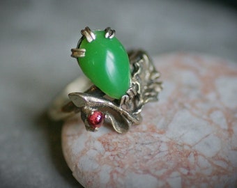 Nephrite Jade & Tourmaline Sterling Silver Ring: Floral Witchcraft Jewelry