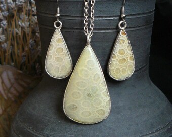Petrified Coral Jewelry Set: Silver Plated Electroformed Pendant and Earrings
