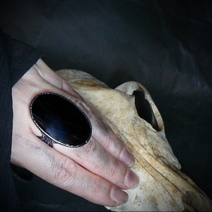 Op de afbeelding: Een ring van zwarte onyx met een zilveren zetting. De ring wordt gedragen op een hand die rust op een witte dieren schedel.