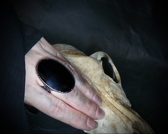 Black Onyx Scrying Ring: Oval Gemstone, Copper Electroform