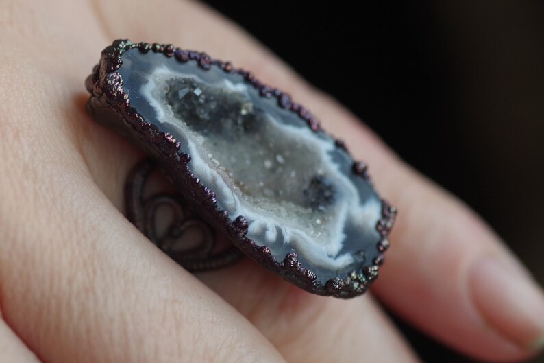 Bague En Argent Avec Agate Druze Naturelle - Taille Ajustable - Pierre Brute Noir Et Blanc - 10,93g