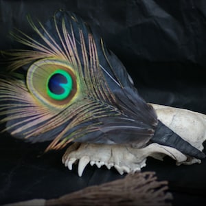 Raven, сrow, rooster, peacock feathers smudge fan_witchcraft_shaman_wiccan_pagan_altar tools