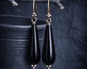 Black Onyx Drop Earrings, Electroformed Copper, Gothic Witch Jewelry