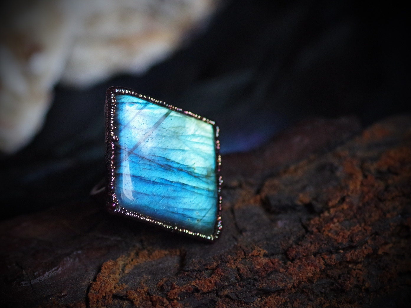 Electroformed Copper Labradorite Ring: Rhombus Gemstone, Witchcraft Jewelry
