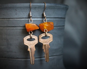 Witches jewelry, electroformed keys earrings, talisman jewelry, copper electroform, unique jewelry, natural amber