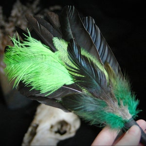 Raven, crow, ostrich, guinea fowl and rooster  feathers smudge fan_witchcraft_shaman_wiccan_pagan_altar tools
