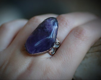 Statement amethyst ring, copper electroform, crystal jewelry, healing crystal, violet gemstone, amulet jewelry, february birthday stone
