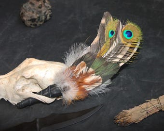 Peacock, goose and rooster feathers smudge fan, witchcraft, shaman, wiccan, pagan, altar tools