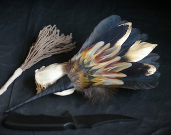 Raven, crow, goose, pheasant, rooster feathers smudge fan_witchcraft_shaman_wiccan_pagan_altar tools