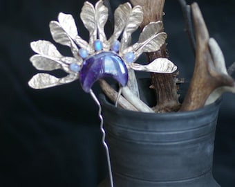 Electroformed Copper Hairpin: Maple Seed, Amethyst & Labradorite Moon