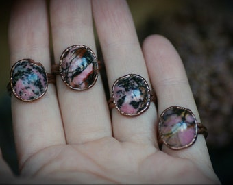 Electroformed Copper Rhodonite Ring: Statement Gemstone Jewelry