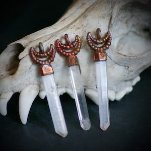 Electroformed Copper Raw Quartz Moon Pendant: Healing Crystal Amulet