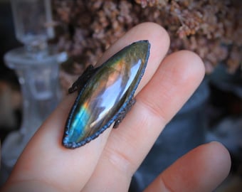 Electroformed Copper Labradorite Ring: Rhombus Gemstone, Witchcraft Jewelry