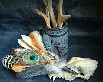 Rooster, pheasant, duck, turceycock, peacock feathers smudge fan, witchcraft, shaman, wiccan, pagan, altar tools