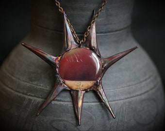 Statement sun pendant with natural Jasper mookaite, real thorn white robiniya, electroforming, copper electroform, witch  jewelry