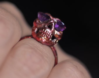 Halloween present, skull ring, amethyst, copper-plated, electroformed, samhain ring, unisex gotik jewelry, witch jewelry, OOAK
