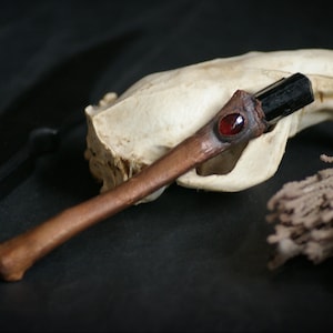 Może przedstawiać: Drewniana różdżka z czarnym kryształem i czerwonym kamieniem szlachetnym na szczycie. Różdżka spoczywa na białym czaszce zwierzęcia.