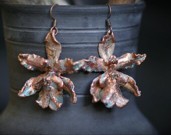 Electroformed Copper Orchid Earrings: Turquoise Patina, Real Flower Jewelry
