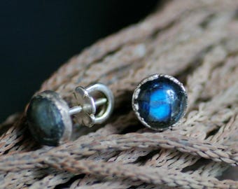 Blue labradorite stud earrings, protection amulet, witch healing stone, talisman jewelry, electroforming, sterling silver