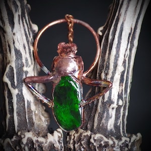 Stag Beetle Horn Pendant: Copper Electroformed Chrome Diopside Necklace